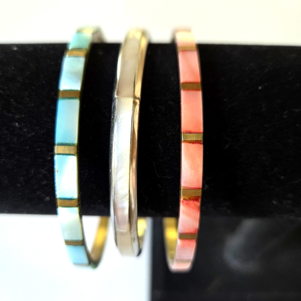 Vintage Shell Inlaid Bangle Bracelets, Set of 3